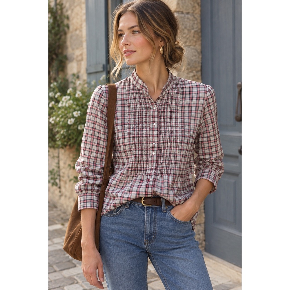 van Laack Almina Luxury Plaid Band Collar Pleated Blouse 100% Cotton EU 34 / Sm